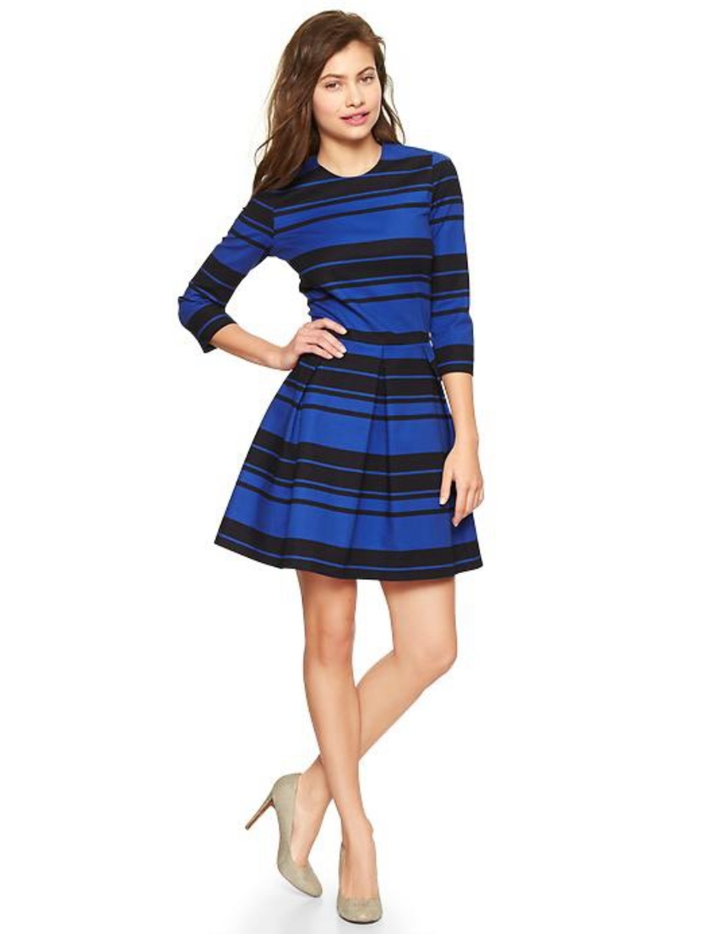 Gap Blue and Black Striped Pleated Monocromatic Classic Fit-and-Flare Dress